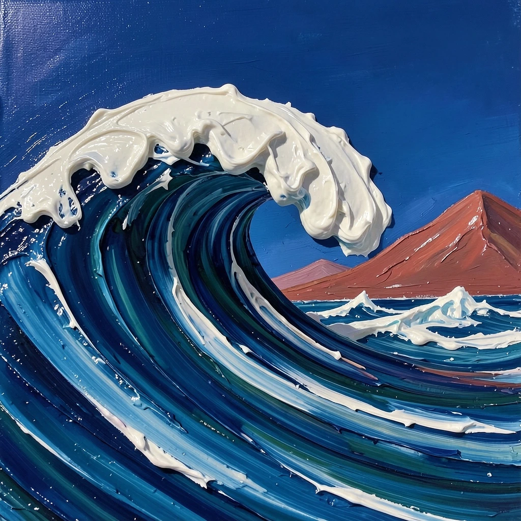 Vague bleu cobalt à l’écume blanche, rendue en peinture à l’huile épaisse et texturée, générée avec FLUX.2 Klein 4B.