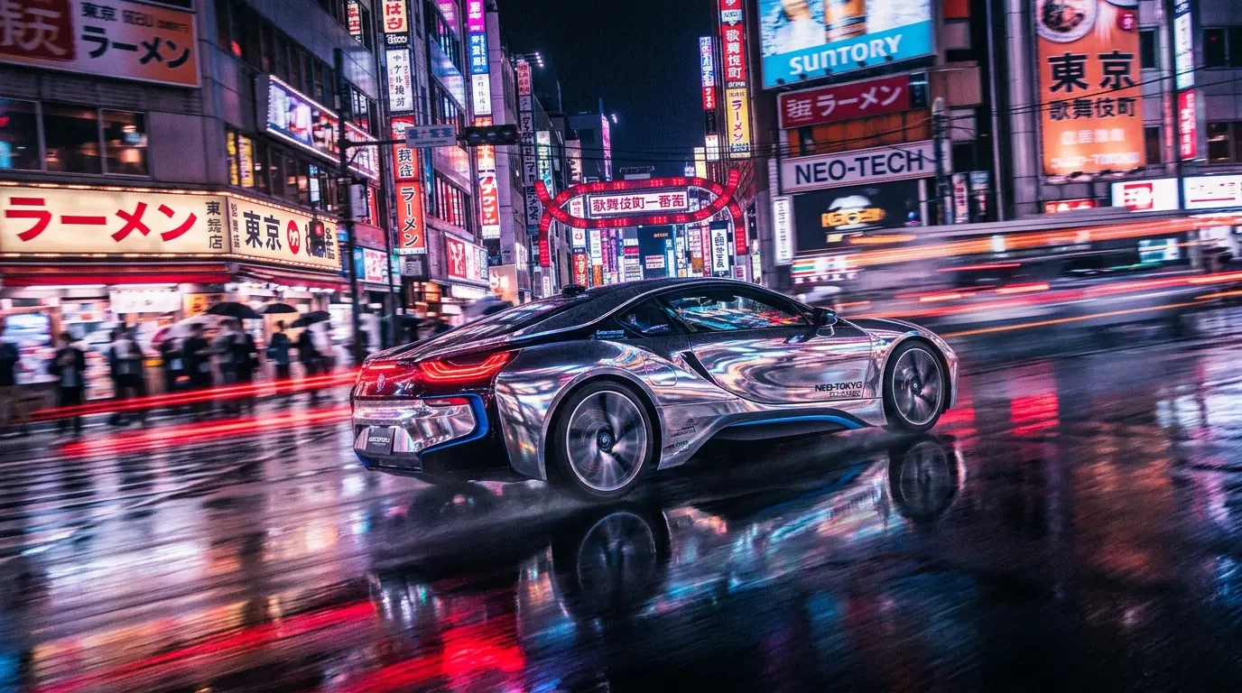 Voiture de sport chromée dans une rue de Tokyo la nuit, avec des enseignes au néon qui se reflètent sur l’asphalte mouillé, générée avec Nano Banana 2.