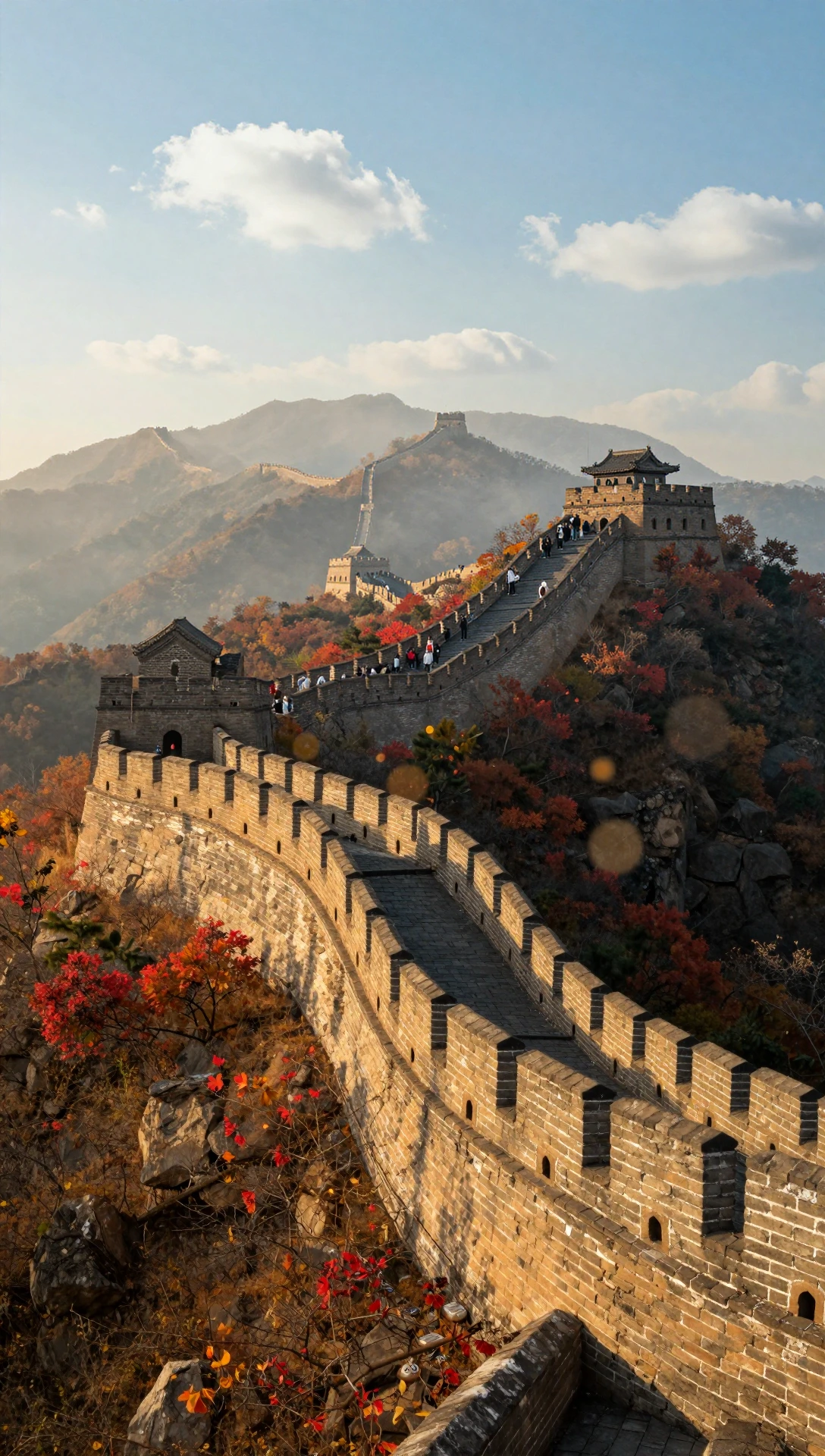 La Grande Muraille serpentant à travers des montagnes d’automne dans la lumière dorée de fin d’après-midi, générée avec Z-Image Turbo.